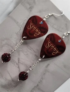 Def Leppard Slang Guitar Pick Earrings with Red Pave Bead Dangles - Picture 1 of 5