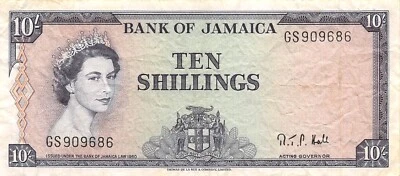 Jamaica  10/-  L. 1960  P 50  Series GS  Sign. 2 Que. II Circulated Banknote H 2 - Image 1 of 2
