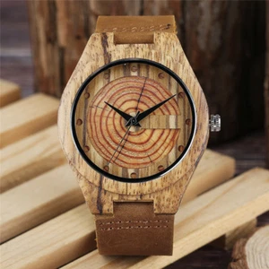 Wooden Watch Mens Genuine Leather Band Wood Bamboo Quartz Men Watches Sport Gift - Picture 1 of 8