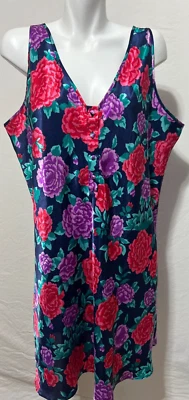 Lanique женщин ночное платье атласной сорочки синий розовый цветочный размер 26 28 плюс размер 2 X - Изображение 1 из 4