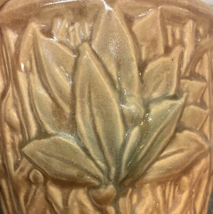 McCoy Pottery Vaso di Fiori di Loto Marrone Verde Piattino - Foto 1 di 6