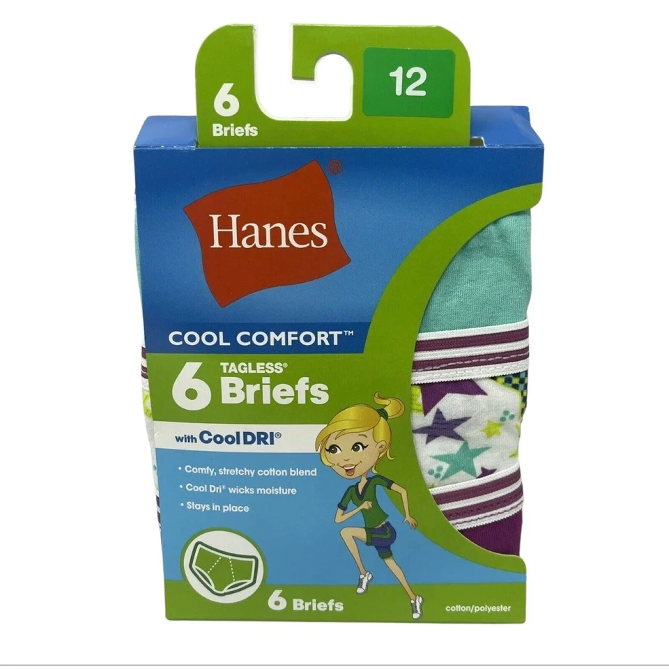 Hanes Cool Comfort 6 Pack Girls Tagless Briefs Size 12 Multi Color