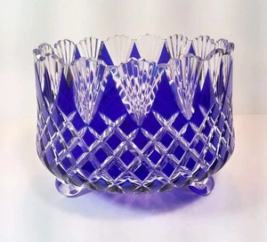 Bohemian Cobalt Blue Cut To Clear Crystal 9.5"x 6 3/4" Sawtooth 3 Footed Bowl - Picture 1 of 24