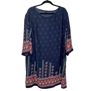 Bebop Be You Be Free Dress Plus Size Mini 3/4 Sleeve Diamond Aztec Geo Print 2X - Picture 1 of 11