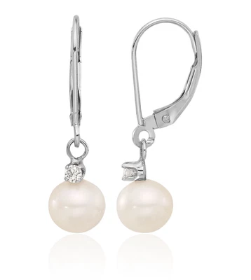 14K Solid White Gold 7mm Round Freshwater Cultured Pearl Diamond Dangle Earrings - Image 1 of 4