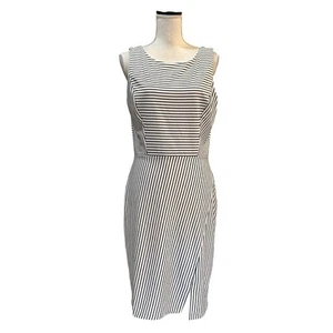WHBM Sleeveless Sheath Dress with Slit Women 10 White Black Stripe Nautical NEW - Picture 1 of 7