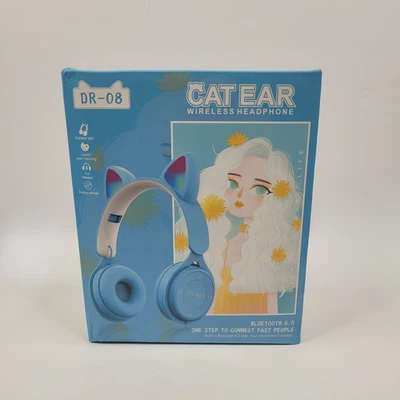 DR-08 Cat Ear Wireless Bluetooth Headphones LED Light Up Over Ear for Girls Blue - Image 1 of 4
