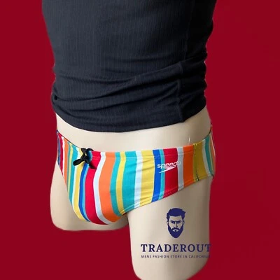 Speedo Men yellow orange stripe endurance swim Brief Swimwear 30 32 34 36 38 - Image 1 of 4