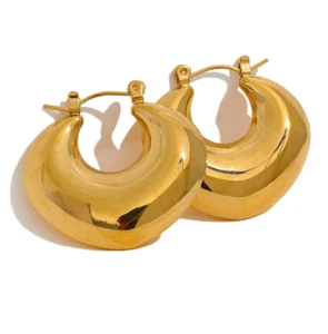18K Gold Plated Stainless Steel Everyday Wear Thick Hoop Earrings Anti-Tarnish - Picture 1 of 9