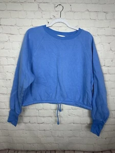H&M blue Fleece lined Cropped Crewneck Pullover Sweatshirt drawstring waist sz L - Picture 1 of 5