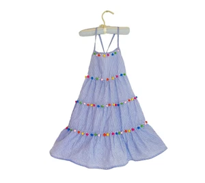 Tommy Bahama Girls Pom Pom Dress Sz.8 Tiered Lined Smock Blue Striped Rainbow - Picture 1 of 7