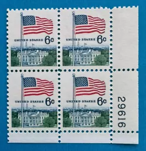 US Stamps Scott 1338 6c 1968 Flag & White House plate block Perf 11 M/NH - Picture 1 of 3