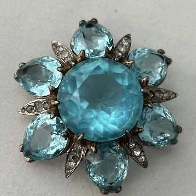 Vtg REJA STERLING Silver Flower  Aqua Faceted Glass Brooch Pendant Pin Blue - Image 1 of 4