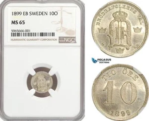A6/484, Sweden, Oscar II, 10 Öre 1899 EB, Stockholm Mint, Silver, NGC MS65 - Picture 1 of 1