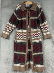 Vintage Wool Ramie Blend Southwest Native Nordic Sweater Coat Maxi Duster Sz M - Picture 1 of 12