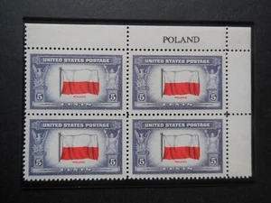 1943 #909 5c Poland Flag Country Name Block MNH OG VF/XF #1 "Incs New Mount" - Picture 1 of 1
