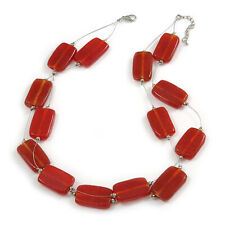 2 Strand Square Red Glass Bead Wire Necklace in Silver Tone - 48cm L/ 5cm Ext