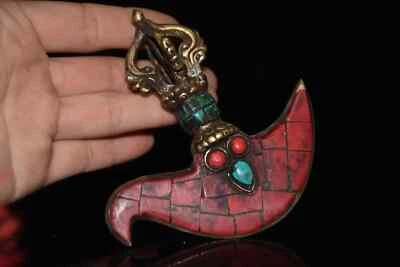 Amuleto daga vajra mortero hacha Dorje rojo coral budista de latón tibetano Foto 1 de 4