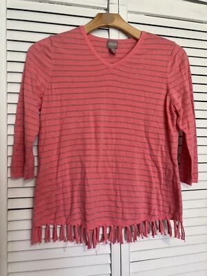 CHICO’S 2 码女式 L 码衬衫上衣粉色金色条纹流苏 — 第 1/4 张图片