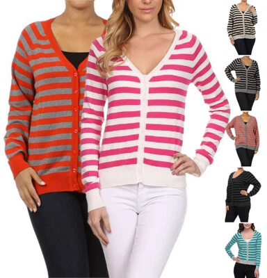 Cárdigan suéter tejido manga larga cuello en V básico a rayas S ~ 3XL Foto 1 de 3