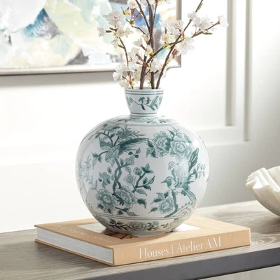 Jarrón decorativo de cerámica verde y blanco Lotus de 11" de alto jengibre Foto 1 de 4