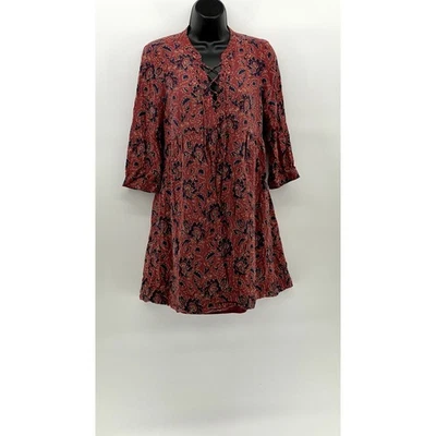 MADEWELL Women's Red Floral Silk Lace-Up V-Neck Long Sleeve A-Line Dress SZ S - Image 1 of 4
