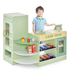 Kids Wooden Supermarket Play Toy Set with Checkout Counter-Green - Color: Green - Picture 1 of 5