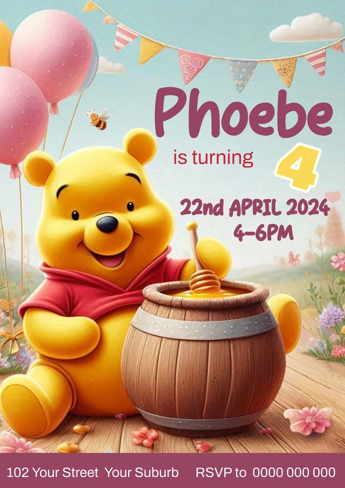 IMPRESO Invitaciones de Cumpleaños ARCHIVO DIGITAL PERSONALIZADO Winnie the Pooh Foto 1 de 1