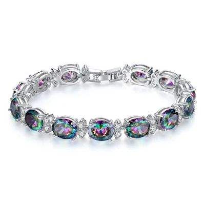 New Oval Rainbow Fire Mystic Topaz Charm Women Holiday Jewelry Silver Bracelets - Image 1 of 4