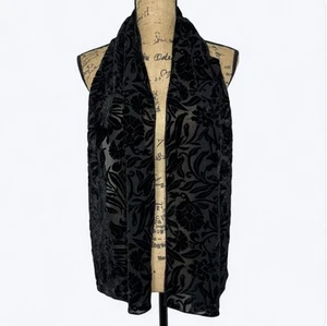 Vtg Floral Black Velvet Burnout Rectangle Scarf 14x61 Dark Romantic Whimsigoth - Picture 1 of 10