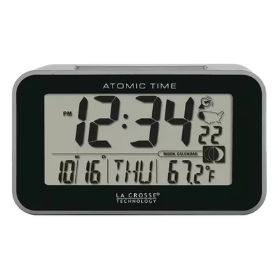 Table Alarm Clock Atomic Digital with Temperature and Moon Phase Plastic Silver - Image 1 of 4