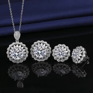 3pc Lot Snow Flower Simulated Moissanite Gems Women Silver Necklace Stud Earring - Picture 1 of 6