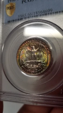 1958 D Silver Washington Quarter PCGS GEM MS66 Rainbow toned Cover