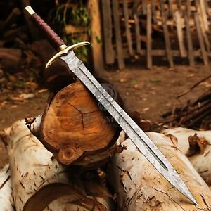 Damascus Knight Templar Sword Handmade Medieval Sword Single Handed Leather Scab
