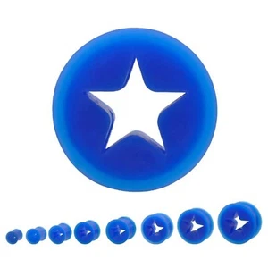 PAIR-Flexi Star Blue Double Flare Silicone Ear Tunnels 10mm/00 Gauge - Picture 1 of 3