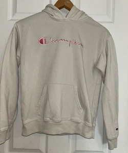 Girl's Youth Ivory Champion Hooded Sweatshirt Size L 14/16 Pink Embroidery LS - Picture 1 of 15