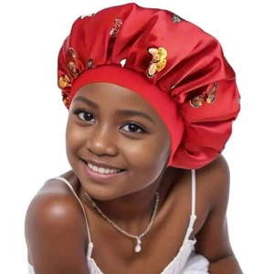 1pc Red Kids Satin Bonnet Cap, Elastic Band Hair Cover, Lightweight Sleep Cap. - Picture 1 of 4