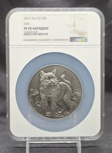 2022 FIJI $5 - CATS - NGC PF70 UC FR - 5 oz .999 ANTIQUED SILVER COIN - CAT - Picture 1 of 8