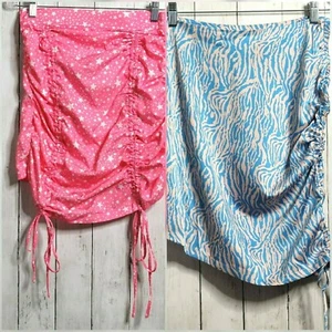 2 Shein Mini Skirts Medium 6 Summer Ruched Swim Cover Up Pink Blue White Silky - Picture 1 of 11