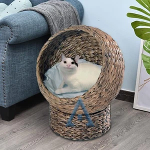 Hochkatzenbett Rattan Katzenkorb Rund Haustierhaus mit weichem Kissen für Katze Hund - Bild 1 von 4