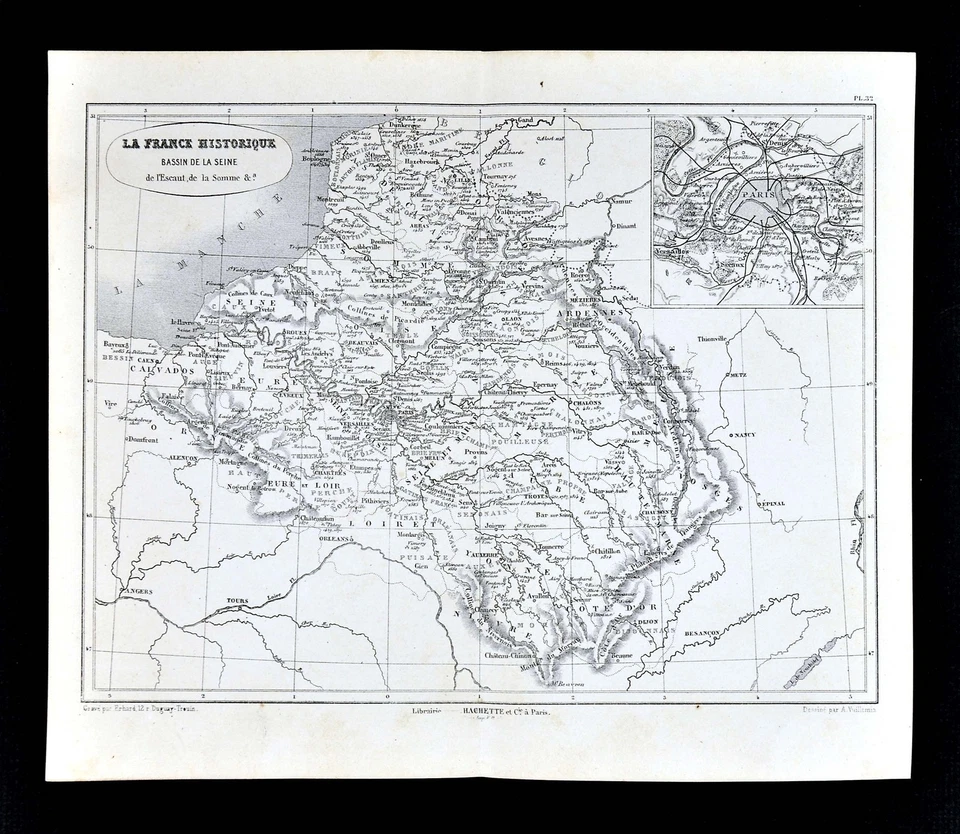 Mapa histórico de Vuillemin de 1877 cuenca del río Sena París batallas ciudades fechas Foto 1 de 1