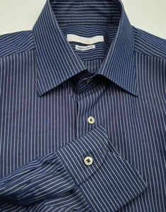 PRECIOSA Camisa de Vestir Caliban 1934 Azul Oscuro con Rayas Blancas Italia Ajustada 16.5x36 - Imagen 1 de 4