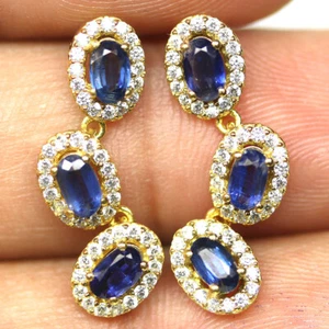 925 Sterling 6 x 4 mm. Blue Kyanite & White Zircon Earrings 18K Gold - Picture 1 of 4