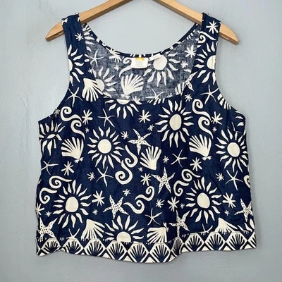 C&C California Size M Navy 100% Linen Boxy Cropped Tank Top Sun Celestial Beach - Image 1 of 4