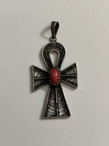 Colgante Cruz Ankh Filigrana Coral Egipcio Vintage - Imagen 1 de 4