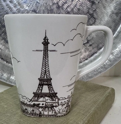 222 Fifth Porcelain Latte 6.5” Coffee Cup Bonjour Paris White/Black 16 oz. MINT - Image 1 of 4