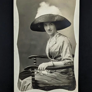 RPPC Studio Portrait Woman In Fancy Dress Wearing Big Hat With Feathers - Picture 1 of 3