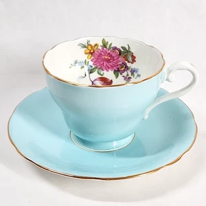 Vtg Aynsley Tea Cup Saucer Light Blue Gold Trim Floral Bone China England 8849 - Picture 1 of 13