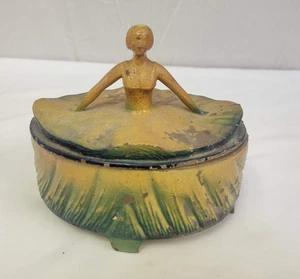 VTG Art Deco Wendy Depression Glass 1930's Hand Painted Powder Jar Flapper Girl - Picture 1 of 10
