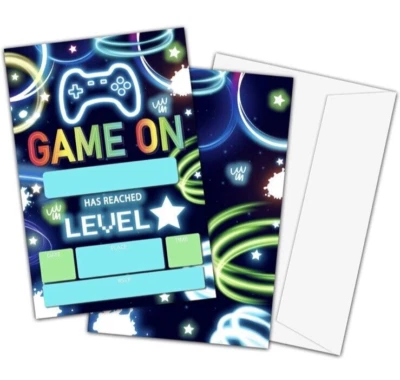 Video Game Birthday Invitations Gamer Party 20 Invite Cards Envelopes Kids Boys - Image 1 of 4